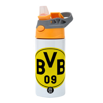 BVB Dortmund, Children's hot water bottle, stainless steel, with safety straw, Orange/Grey (360ml) BPA-FREE