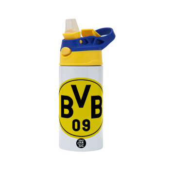 BVB Dortmund, Children's hot water bottle, stainless steel, with safety straw, green, blue (360ml) BPA FREE