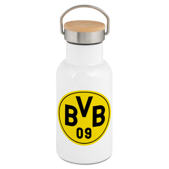 BVB Dortmund, Metallic thermos (Stainless steel) White with wooden lid (bamboo), double-walled, 350ml