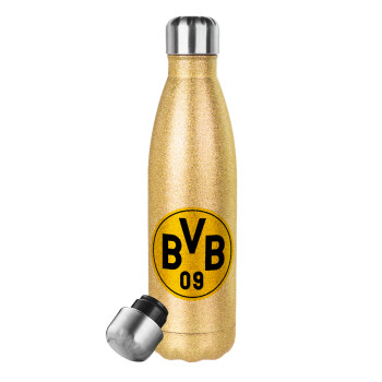 BVB Dortmund, Glitter gold stainless steel thermos bottle, double-walled, 500ml