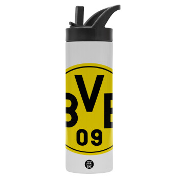 BVB Dortmund, Μεταλλικό παγούρι θερμός με καλαμάκι & χειρολαβή, ανοξείδωτο ατσάλι (Stainless steel 304), διπλού τοιχώματος, 600ml