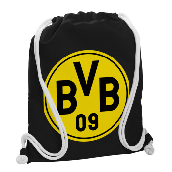 BVB Dortmund, Τσάντα πλάτης πουγκί GYMBAG Μαύρη, με τσέπη (40x48cm) & χονδρά λευκά κορδόνια