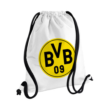 BVB Dortmund, Τσάντα πλάτης πουγκί GYMBAG λευκή, με τσέπη (40x48cm) & χονδρά κορδόνια
