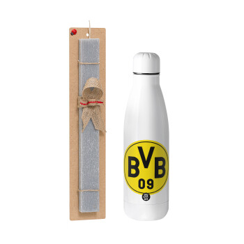 BVB Dortmund, Easter Set, metallic Inox water bottle (700ml) & Easter scented flat candle (30cm) (GRAY)