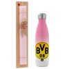 Easter Set, Metallic pink/white (Stainless steel) thermos, double-walled, 500ml & aromatic flat Easter candle (30cm) (PINK)