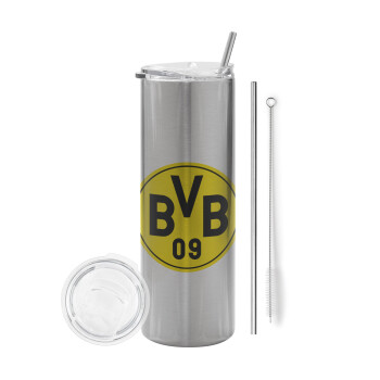 BVB Dortmund, Eco friendly stainless steel Silver tumbler 600ml, with metal straw & cleaning brush
