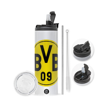 BVB Dortmund, Travel Tumbler 2 Lids, with metal straw & cleaning brush (Stainless steel 304 Food grade, BPA free, 600ml)