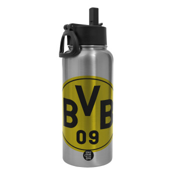 BVB Dortmund, Metal mug thermo Silver with Straw and Spout Lid (Stainless steel), double wall, 950ml