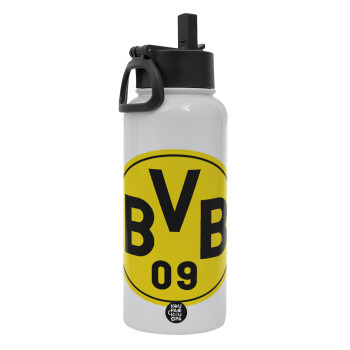 BVB Dortmund, Metal mug thermo White with Straw and Spout Lid (Stainless steel), double wall, 950ml