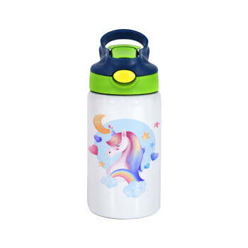 Cute unicorn, Children's hot water bottle, stainless steel, with safety straw, green, blue (350ml)