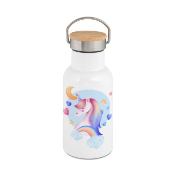 Cute unicorn, Metallic thermos (Stainless steel) White with wooden lid (bamboo), double-walled, 350ml