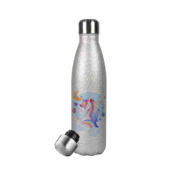 Cute unicorn, Μεταλλικό παγούρι θερμός Glitter Aσημένιο (Stainless steel), διπλού τοιχώματος, 500ml