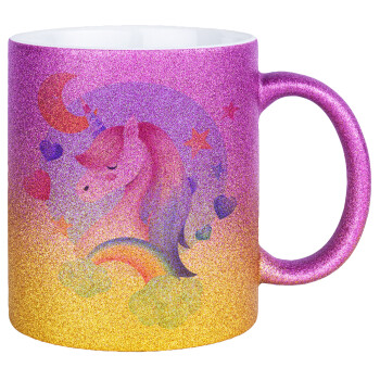 Cute unicorn, Κούπα Χρυσή/Ροζ Glitter, κεραμική, 330ml