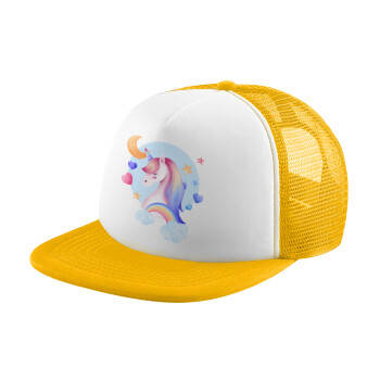 Cute unicorn, Adult Soft Trucker Hat with Yellow/White Mesh (POLYESTER, ADULT, UNISEX, ONE SIZE)