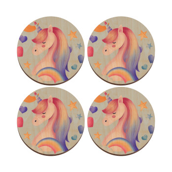 Cute unicorn, ΣΕΤ x4 Σουβέρ ξύλινα στρογγυλά plywood (9cm)