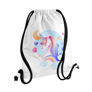 Cute unicorn, Τσάντα πλάτης πουγκί GYMBAG λευκή, με τσέπη (40x48cm) & χονδρά κορδόνια