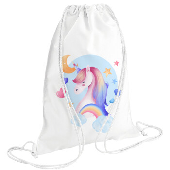 Cute unicorn, Τσάντα πλάτης πουγκί GYMBAG λευκή (28x40cm)