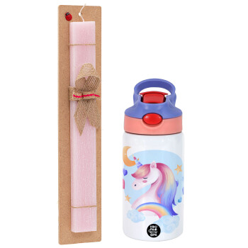 Cute unicorn, Easter Set, Children's thermal stainless steel water bottle with safety straw, pink/purple (350ml) & Easter scented flat candle (30cm) (PINK)