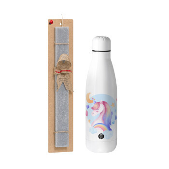 Cute unicorn, Πασχαλινό Σετ, μεταλλικό παγούρι Inox (700ml) & πασχαλινή λαμπάδα αρωματική πλακέ (30cm) (ΓΚΡΙ)