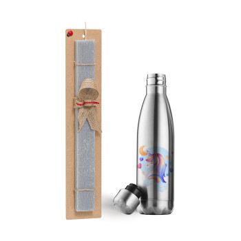 Cute unicorn, Easter Set, metallic stainless thermos flask (500ml) & scented flat Easter candle (30cm) (GRAY)