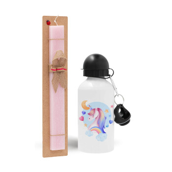 Cute unicorn, Easter Set, metallic aluminum bottle (500ml) & aromatic flat Easter candle (30cm) (PINK)