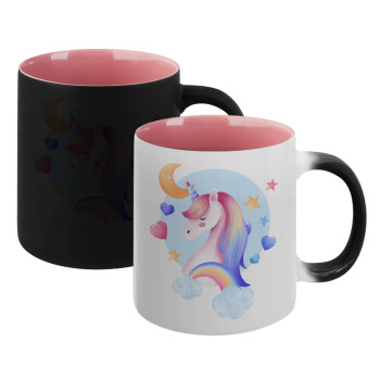 Cute unicorn, Κούπα Μαγική εσωτερικό ΡΟΖ, κεραμική 330ml που αλλάζει χρώμα με το ζεστό ρόφημα (1 τεμάχιο)
