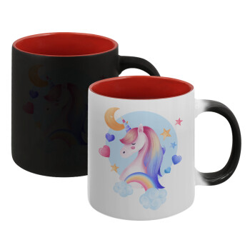 Cute unicorn, Κούπα Μαγική εσωτερικό κόκκινο, κεραμική, 330ml που αλλάζει χρώμα με το ζεστό ρόφημα (1 τεμάχιο)