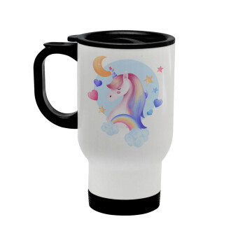 Cute unicorn, Stainless steel travel mug with lid, double wall white 450ml