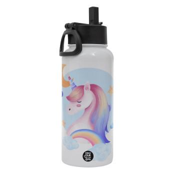 Cute unicorn, Metal mug thermo White with Straw and Spout Lid (Stainless steel), double wall, 950ml