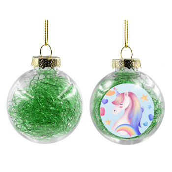 Cute unicorn, Transparent Christmas tree ball ornament with green filling 8cm