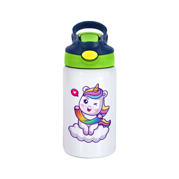 Heart unicorn, Children's hot water bottle, stainless steel, with safety straw, green, blue (350ml)