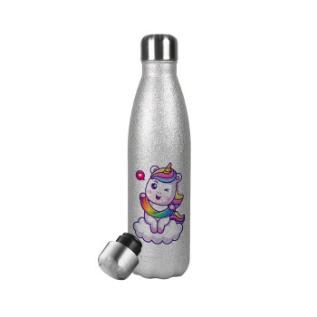 Heart unicorn, Μεταλλικό παγούρι θερμός Glitter Aσημένιο (Stainless steel), διπλού τοιχώματος, 500ml