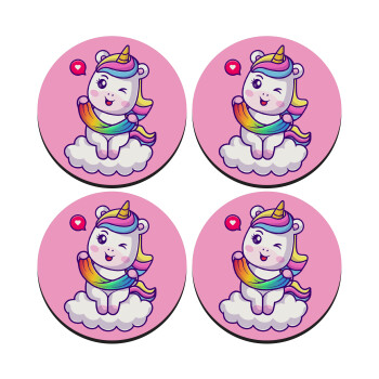 Heart unicorn, SET of 4 round wooden coasters (9cm)