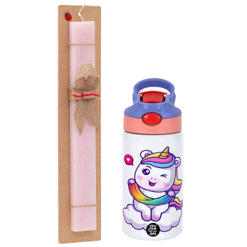 Heart unicorn, Easter Set, Children's thermal stainless steel water bottle with safety straw, pink/purple (350ml) & Easter scented flat candle (30cm) (PINK)