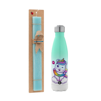 Heart unicorn, Easter Set, Metallic green/white thermos (Stainless steel), double-walled, 500ml & scented flat Easter candle (30cm) (TURQUOISE)