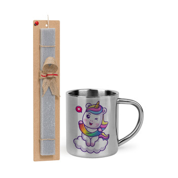 Heart unicorn, Easter Set, metallic thermal cup (300ml) & Easter aromatic flat candle (30cm) (GRAY)