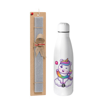 Heart unicorn, Easter Set, metallic stainless thermos bottle (500ml) & scented flat Easter candle (30cm) (GRAY)