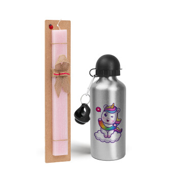 Heart unicorn, Easter Set, metallic Silver aluminum water bottle (500ml) & scented flat Easter candle (30cm) (PINK)