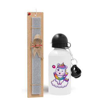 Heart unicorn, Easter Set, metallic aluminum water bottle (500ml) & aromatic flat Easter candle (30cm) (GRAY)