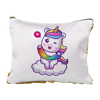 Heart unicorn, Sequin Gold Pouch Cosmetic Bag