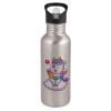 Water bottle Silver with straw, stainless steel 600ml