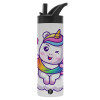 Metallic thermos bottle with straw & handle, stainless steel (Stainless steel 304), double-walled, 600ml.