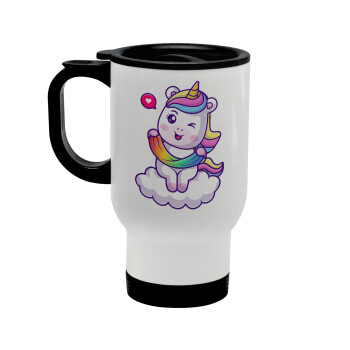 Heart unicorn, Stainless steel travel mug with lid, double wall white 450ml