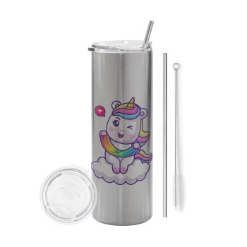 Heart unicorn, Tumbler stainless steel Silver 600ml, with metal straw & cleaning brush