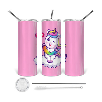 Heart unicorn, Tumbler stainless steel 600ml, with metal straw & cleaning brush