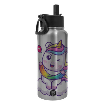 Heart unicorn, Metal mug thermo Silver with Straw and Spout Lid (Stainless steel), double wall, 950ml