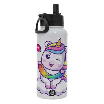 Heart unicorn, Metal mug thermo White with Straw and Spout Lid (Stainless steel), double wall, 950ml