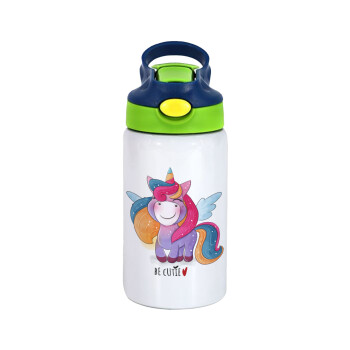 Pink unicorn, Children's hot water bottle, stainless steel, with safety straw, green, blue (350ml)