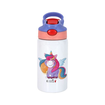 Pink unicorn, Children's hot water bottle, stainless steel, with safety straw, pink/purple (350ml)