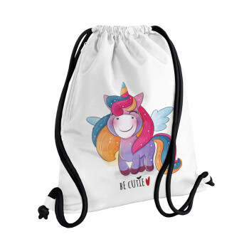 Pink unicorn, Τσάντα πλάτης πουγκί GYMBAG λευκή, με τσέπη (40x48cm) & χονδρά κορδόνια